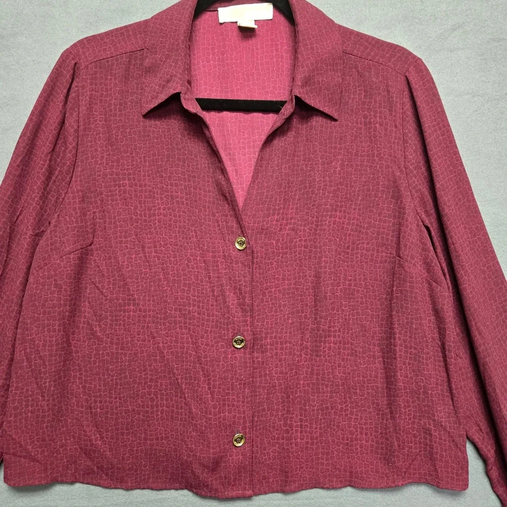 Michael‎ Kors Blouse Snakeskin Print L Dark Berry Long Sleeve Collared Top